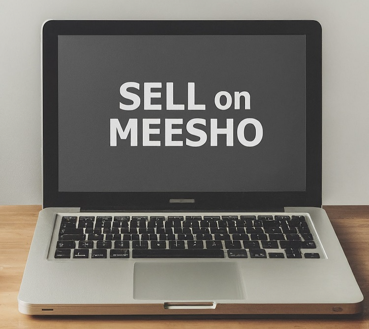 image shows a laptop screen with text sell on meesho